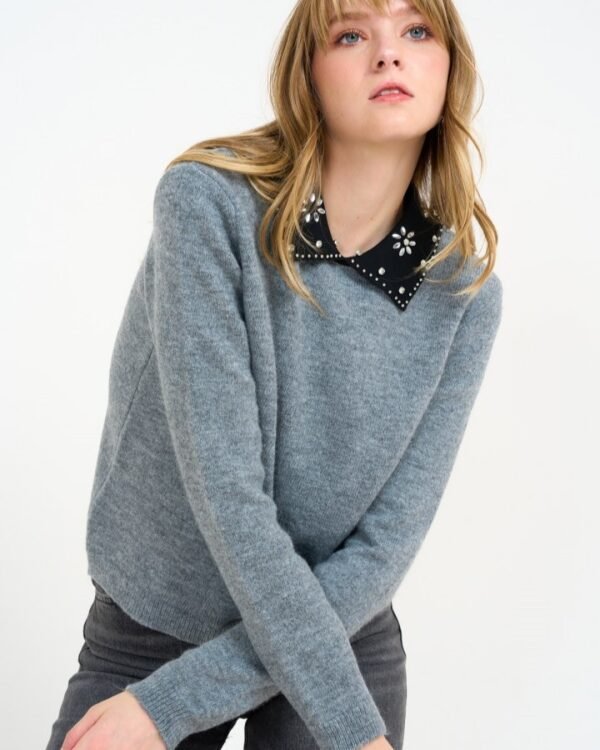 Gray Sweater with Jeweled Collar Long Sleeves free size Anaz