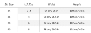 Green Jean size chart