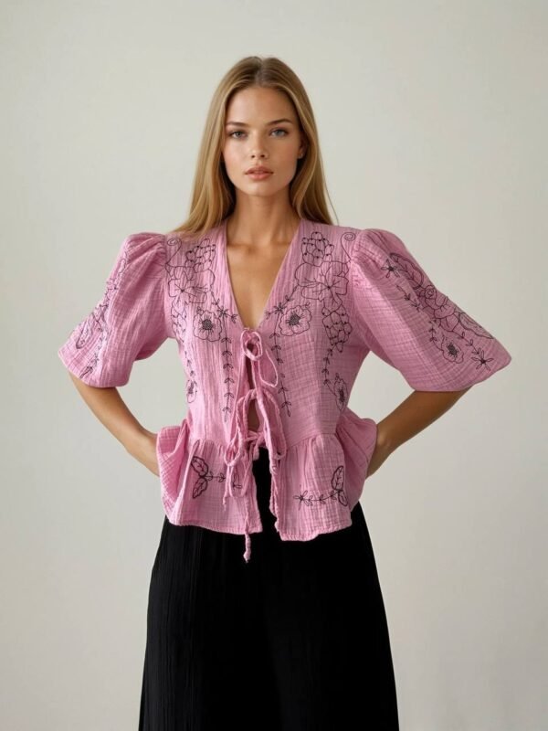 Patterned Muslin Top (pink & white) - Image 2